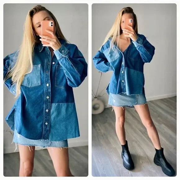 100% recycled denim H&M Shirt Jacket Overshirt Shacket - Picture 10 of 10